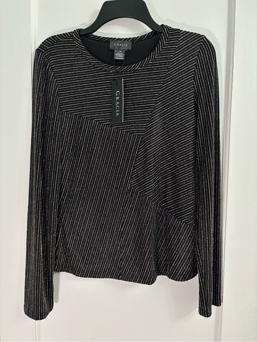 Gracia Black Long-Sleeve Top with Metallic Pinstripes